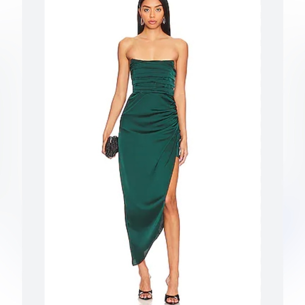 Astr The Label Hallie Dress Forest Deep Green strapless high slit Revolve M